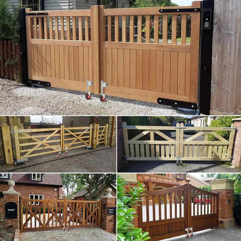 Various wooden gates with Spring Loaded Gate Casters 5 Inch Rubber Tire Heavy Duty Gate Caster Wheels With Hardware installed