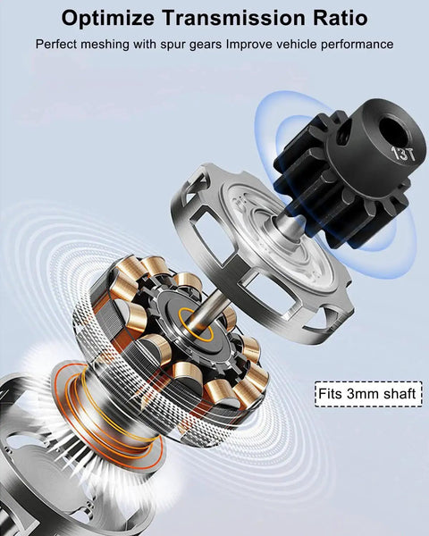 Hardened Steel 32 Pitch 13 Tooth Pinion Gear Set for Traxxas RC Cars demonstrating power transfer optimization and smooth shifts.