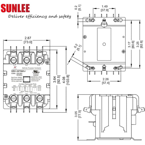 Technical diagram of Beefy 60 Amp 3 Pole 120V Contactor for HVAC setups with A2L compliance and UL recognized status.