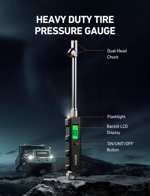 AstroAI heavy-duty tire pressure gauge with dual-head chuck, backlit LCD display and flashlight.