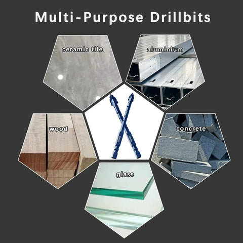 Serrated Masonry Drill Bit Set Eight Pack Sizes Quarter To Nine Sixteenths Inch For Concrete Tile Glass Brick Ceramic Plastic And Wood Industrial And Household Drill Bit Kit With Carbide Tips For Fast Clean Holes image featuring multi-purpose drill bits and materials like wood, concrete, glass, tile, and aluminum.