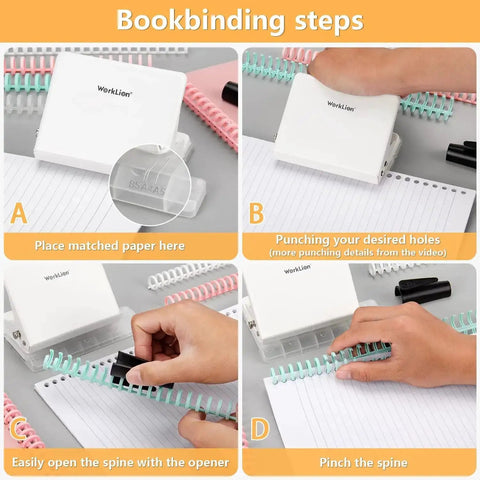 Bookbinding steps using Handy Metal Hole Punch Binding Tool For Planners And Notebooks, detailed process with binder rings