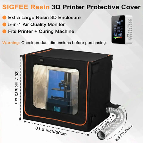 Double Wide 3D Printer Enclosure With Ventilation And Adjustable Fan, Five In One Air Quality Detector, shown with dimensions and vent.