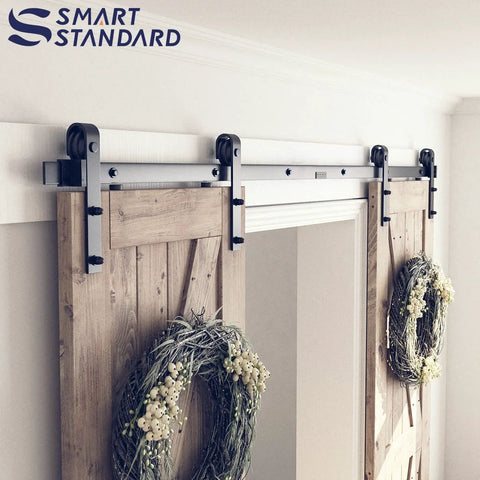 8 Ft Double Barn Door Hardware Kit For 24 Inch Wide Doors Ultra Smooth Quiet Sliding Track With J Shape Hanger Black Finish