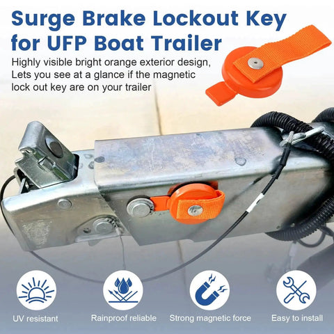 Front view of orange magnetic surge brake lockout key with strap, 2-pack for boat trailer surge brakes