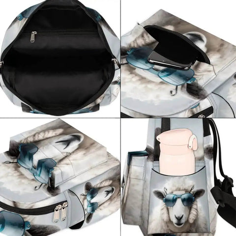 Mini Backpack Purse For Women With Adjustable Straps, Cute Sheep Print Small Daypack showing storage compartments and design