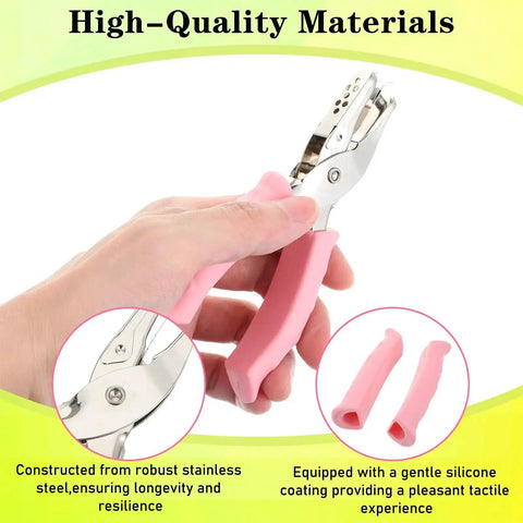 Close-up of pink 12 Piece Mini Hole Punch Set, 1/4 Inch Metal Punch, Handy Handheld Rubber Grip Punch For Tags and Crafts