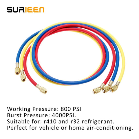 SURIEEN 60-inch refrigerant charging hoses, set of 3 red, blue, yellow hoses with 1/4 SAE to 5/16 SAE fittings for R410A/R32 AC systems.