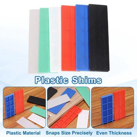 20 Pcs Plastic Flat Shims For Leveling 3mm Structural Tile Shims in various colors, front and side views, showcasing precise size and even thickness.