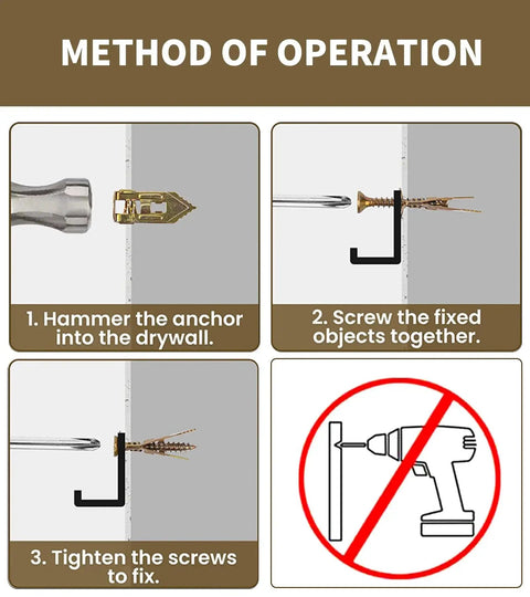 Illustration of method to use 2025 Upgraded Drywall Anchors Kit With Screws, 200 Pcs Self Drilling, no drill needed.