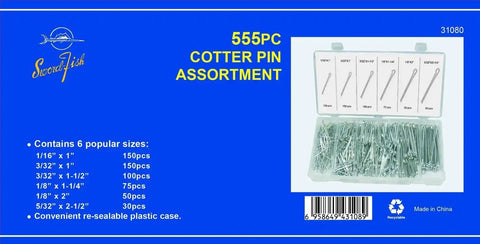 555 Piece Cotter Pin Assortment In Spring Steel With Zinc Plating Includes One Sixteenth Inch By One Inch Pins And Three Thirty Second Inch By One Inch Pins Plus Other Sizes Comes In A Handy PP Storage Case With Size Chart For Quick Identification, showing case with sorted pins.