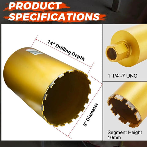 Heavy Duty 8 Inch Wet Core Drill Bit For Concrete And Masonry With 14 Inch Depth Diamond Grit Coated Cobalt Steel Core Bit Fits One And A Quarter Inch To Seven Thread Rebar Friendly Drills Through Brick Block Stucco Stone And Cement