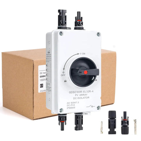 32 Amp DC 1200V Solar Disconnect Switch Isolator With IP66 Waterproof Enclosure, side view with MC4 terminals, for outdoor PV panel systems