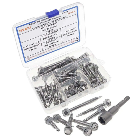 Self Drilling TEK Screws Kit For Metals In 410 Stainless Steel with Hex Head M6.3 Threads, assorted lengths in a plastic case