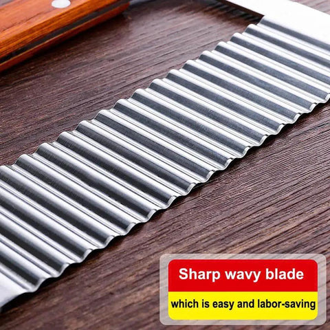 Close-up of Two Piece Wavy Crinkle Cutter Set For Carrots Potatoes And Veggies With Stainless Steel Blades And Oak Handle Serrated Salad Chopping Knife