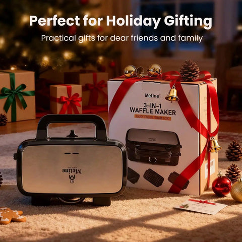 Three In One Waffle Maker With Removable Plates and packaging in holiday setting