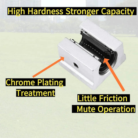 Close-up of a chrome plated SBR20UU bearing block with highlights on strength and low friction, part of Two Pack 800mm SBR20 Linear Rail Kit