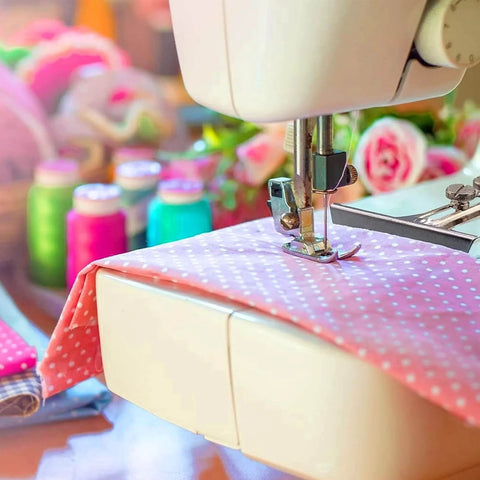 Sewing machine stitching pink polka dot fabric using Edge Guide T Gauge for Sewing Machines With 2 Thumb Screws