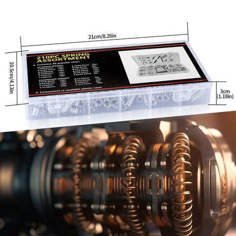 210-piece spring assortment kit in clear case; zinc-plated steel compression and extension springs, 20 sizes, Amazon.