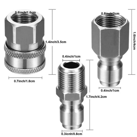 Stainless Steel NPT Three Eighth Inch Quick Connector Kit For Pressure Washers With Male And Female Adapters Two Pack Quick Connector Nipples Heavy Duty Pressure Washer Connector Set No Fuss Easy Quick Connect System, showing front view with dimensions.