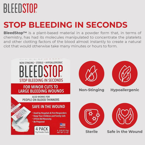 Fast Acting Blood Clotting Powder For First Aid BleedStop Set Of 4 15g Pouches packaging features and benefits