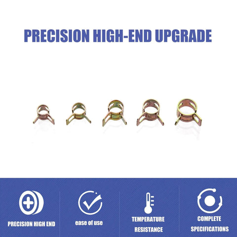 150 Pcs Spring Hose Clamps Kit For Fuel Line And Vacuum Hose Includes Spring Band Type Clamps in five sizes displayed