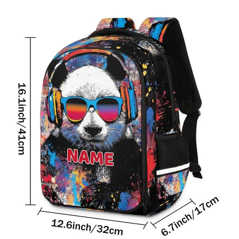 Personalized Dope Panda Backpack With Custom Name For Work And Travel College 16 Inch Laptop Bag Large Daypack With Padded Sleeve Rucksack For Adults Men Women, side view showing colorful panda design