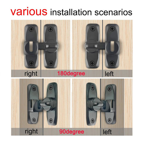 2 In 1 Barn Door Lock With 90 And 180 Degree Flip Sliding Barn Door Latch For Doors Gates Pet Doors Garage Bathroom Window Or Outdoor Use Space Saving Mount On Left Or Right Sides Durable And Easy To Install installation options