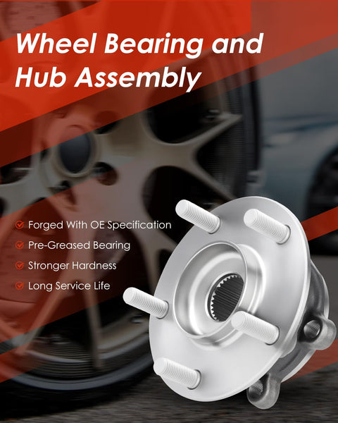 Front Wheel Hub and Bearing Assembly Replacement for Mazda 6 2014 to 2018 and Mazda CX 5 2013 to 2018 5 Lug Plug and Play Ready to Install Out of the Box Low Noise and Vibration Reduction Durable Hub Assembly displayed with OE specification and pre-greased feature.