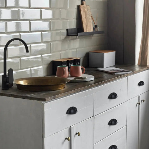 Kitchen with cabinets featuring set of 10 cast iron cup drawer pulls with black coated finish, 3.75 by 1.63 inches, vintage rustic hardware