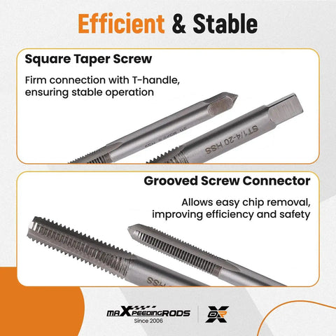 Close-up of HSS square taper screw and grooved screw connector from 320 Piece Helicoil Thread Repair Kit With Metric And SAE Thread Restorer Set