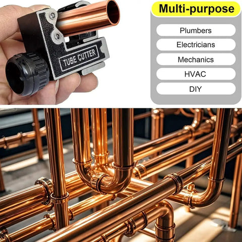 Compact Pipe Cutter Tool For Copper Brass And Aluminum Tubes 1/8 To 1-1/8 Inch 3 To 28 Mm Perfect For Plumbing HVAC And Auto DIY Projects With Easy Twist Wheel And Lightweight Handheld Design By Spurtar in use on copper pipes.
