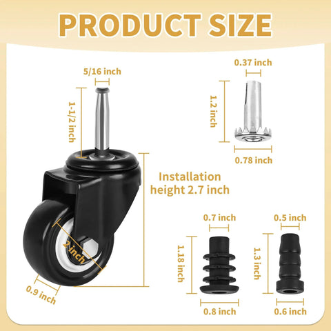 2 Inch Stem Caster Wheels Set Of 4 With 5/16 By 1-1/2 Inch Stem Iron And Plastic Sockets For Furniture, size dimensions displayed