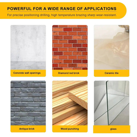Materials suitable for 5 Piece 4 Tooth Eccentric Drill Bit Set: concrete, brick, ceramic tile, antique brick, wood, glass.