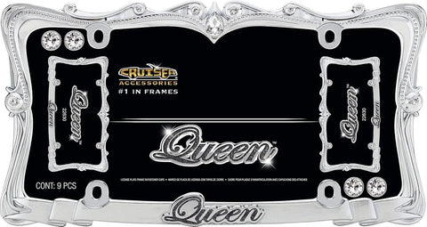 Blinged Out Queen License Plate Frame Chrome And Clear With Nine Glass Crystals Black Glitter Lettering On Bottom Zinc Die Cast With Show Chrome Finish And Durable Fastener Caps.