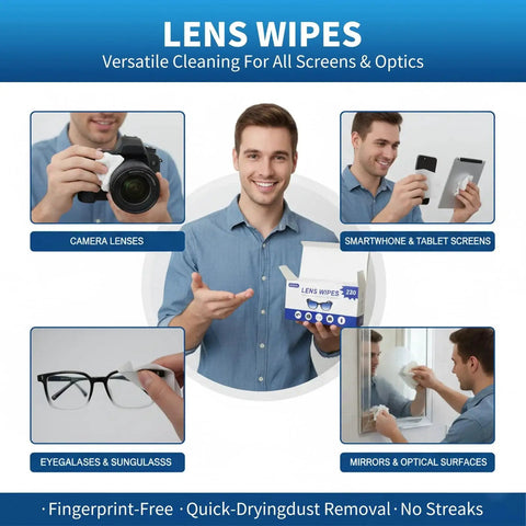 Person holding Wrapped Lens Wipes For AntiReflective Coatings And SmudgeFree Clarity On The Go, with images of cleaning screens and optics.