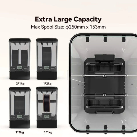 SP2 Filament Box Dryer extra large capacity, max spool size Ø250mm x 153mm, shows stackable design for 3D printing filaments