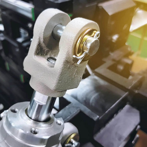 Close-up of a mechanical linkage using a 10 Pack Single Hole Clevis Pins M6 X 40mm 304 Stainless Steel Flat Head in machinery.