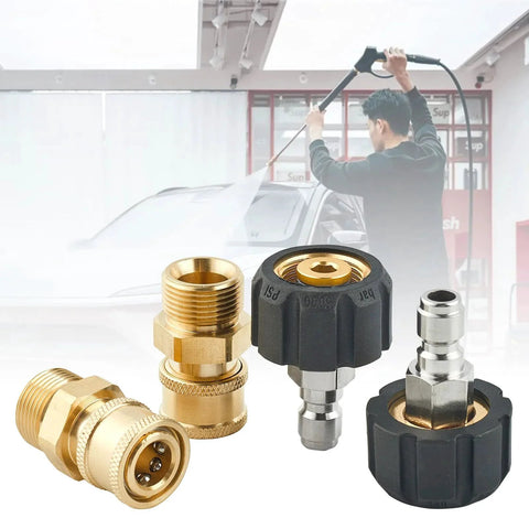 Fast Easy Quick Connect Fittings for Pressure Washer M22 14mm To One Quarter Inch Adapter Set 4 Piece Kit with brass and steel connectors