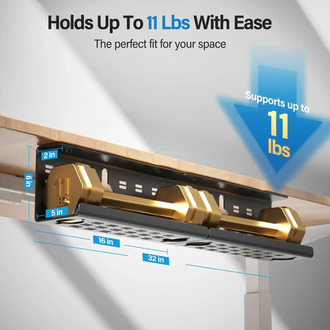 2 Pack Under Desk Cable Management Tray Black Large 16x5x6 Inch Alloy Steel Cord Hider Organizer installed under wooden desk.
