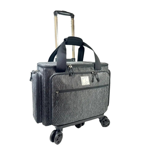 Rolling Sewing Machine Bag With Five 360 Degree Rotating Wheels And Hard Bottom Pad, gray nylon, front view, extended handle.