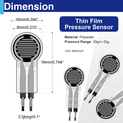 Thin film pressure sensor array (4 pcs), polyester body, 0.4 mm thick, 20 g–2 kg range with two-pin leads