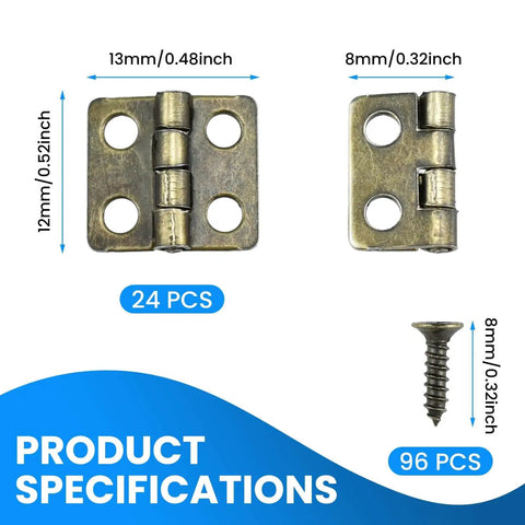 24 Pack Mini Antique Bronze Hinges 13x12mm 180 Degree Rotation With 96 Mounting Nails, product size and specifications