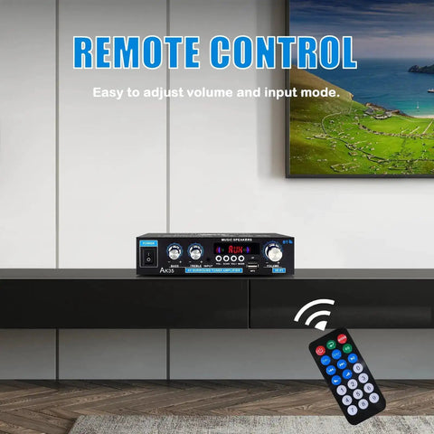 Compact Stereo Amplifier With Bluetooth 5.0 And 2 Channel Output on shelf with remote control for home audio setups in bedrooms or offices.