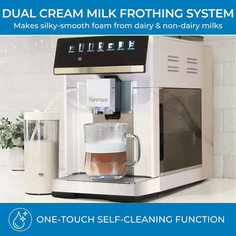 Barista-Grade All In One Espresso Machine With Built In Grinder Milk Frother And Steamer Auto Tamper Descaler Color Touch Display And One Touch Drinks Like Espresso Cappuccino Latte Macchiato Americano For Home Or Office White showing front view with milk frothing system and glass cup of coffee.