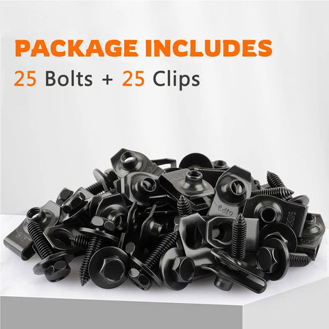 One Quarter Inch Body Fastener Kit With Twenty Five Bolts And Twenty Five U Nut Clips shown on a white surface