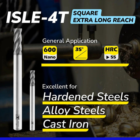 Micrograin Carbide Square End Mill With Extra Long Reach For DIYers And Pros Speed Tiger 4 Flute 5/16 Shank ISLE5/16 4T ideal for milling alloy steels hardened steel and metal is shown with focus on size and materials for precise metal cutting applications.