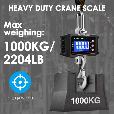 1000Kg Heavy Duty Crane Scale With Backlit LCD Digital Hanging Scale Data Hold Tare And Unit Switch Auto Off Aluminum