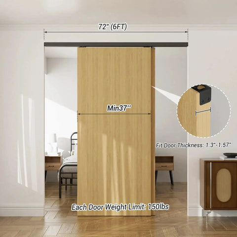 Heavy Duty Bypass Sliding Door Hardware Kit With Soft Close Mechanism For Two Doors, 72 Inch Aluminum Track, installed view