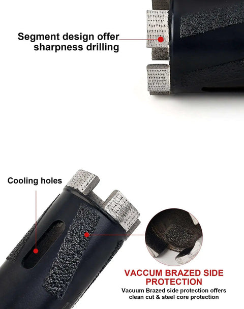 Close-up of 1-3/8 inch diamond core drill bit for dry drilling granite with vacuum brazed side protection and cooling holes.
